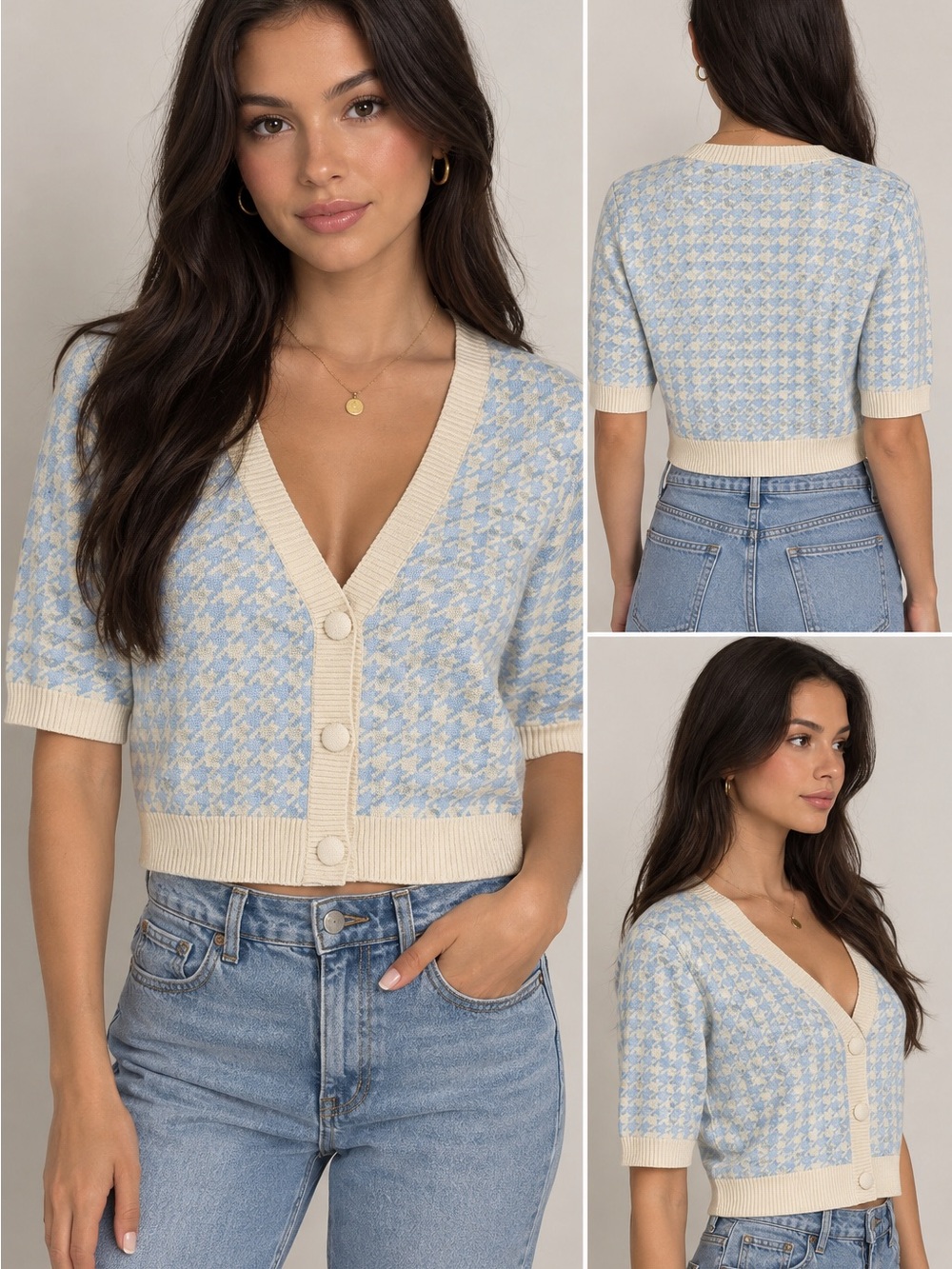 Vigoss Light Blue and Cream Houndstooth V-Neck Cropped Sweater Cardigan